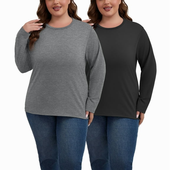 PinkBeautiM Womens Plus Size Tops Long Sleeve Shirts Crew Neck Casual Soft Blouse3 Pack