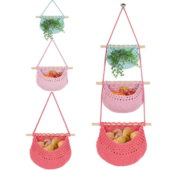 Hanging Fruit Basket, 3 Tier Detachable Wall Hanging Basket Over the Door Organizer for Fruit Vegetable Plant Decor, Blue Pink Boho Handwoven Cotton Rope Fruit Basket for Kitchen Bathroom Bedroom