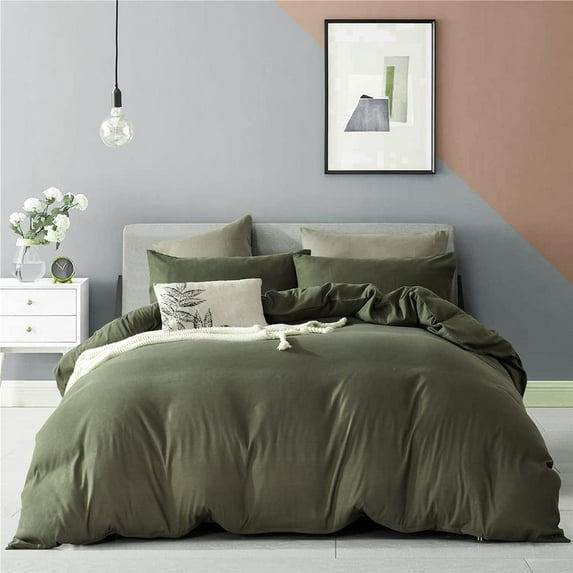PinkMemory Army Green Duvet Cover Set Queen Solid Print Brushed Microfiber Soft Zipper Closure