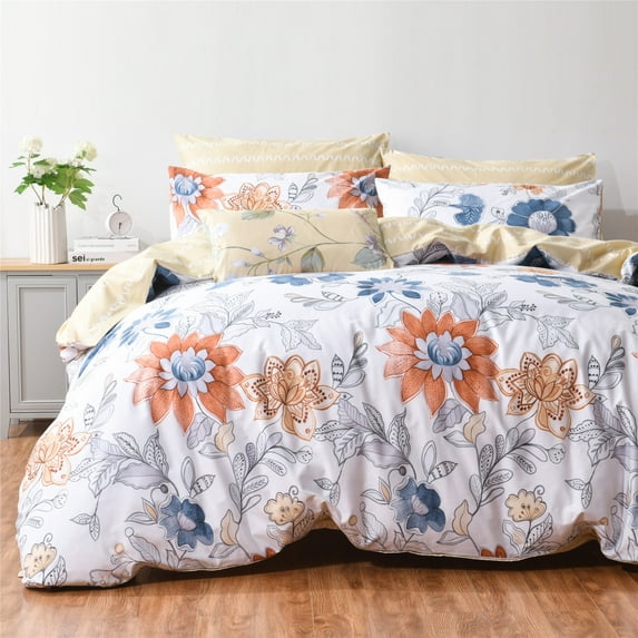 PinkMemory Garden Floral Duvet Cover Queen Cotton,Vintage Marnoon Navy Flower Pattern Bedding Set Full Queen with Pillowcases Soft Durable Zipper