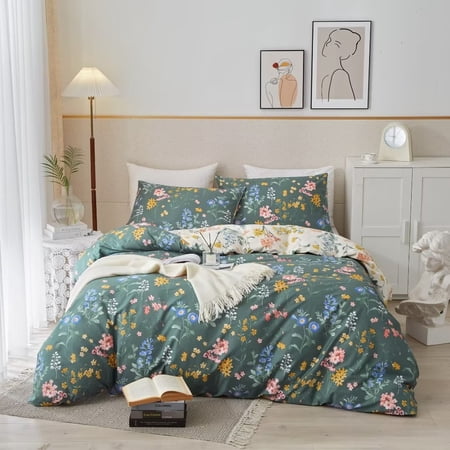 PinkMemory Green Floral Duvet Cover King Cotton,Reversible Green and White Flower Pattern Bedding Set King with Pillowcases Soft Durable Zipper