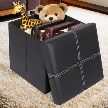 PinkSheep 12" Folding Storage Ottoman Cube Footstool Ottoman Bench with Storage, Faux Leather, Black