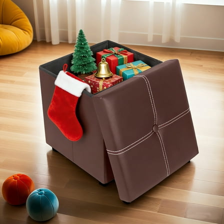 PinkSheep 12" Folding Storage Ottoman Cube Footstool Ottoman Bench with Storage, Faux Leather, Brown