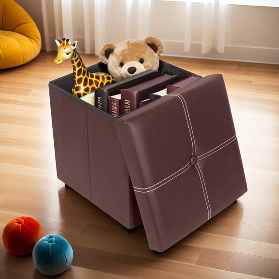 PinkSheep 12" Folding Storage Ottoman Cube Footstool Ottoman Bench with Storage, Faux Leather, Brown