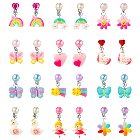 PinkSheep 12 Pairs Clip On Earrings for Girls, Kids Unicorns Flowers Rainbow Butterflies Dangle Earrings Set Dress up Jewelries for Child