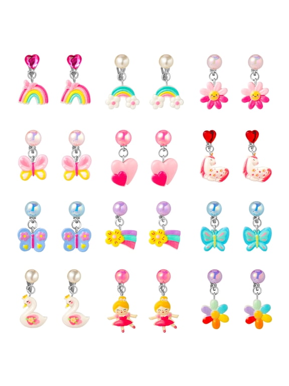 12 Pairs Clip On Earrings, Unicorns Flowers Rainbow Butterflies Dangle Earrings Set Dress up Jewelries