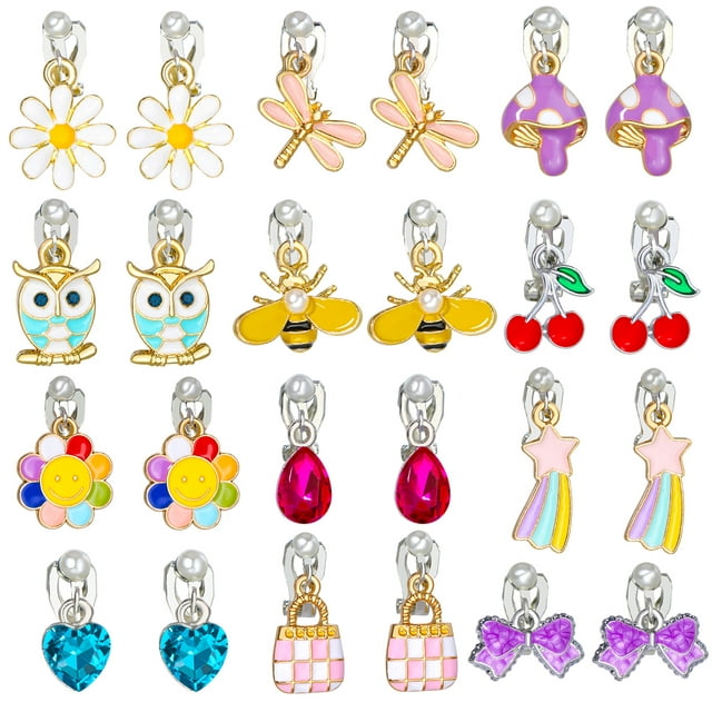 PinkSheep 12 Pairs Clip On Earrings for Girls, Kids Unicorn Flower Star Dangle Earrings Set Jewelries for Child