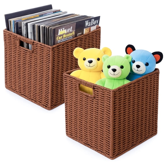 PinkSheep 12" x 12" Water Hyacinth Storage Baskets, Collapsible Wicker Woven Cubes Baskets Organizer Bins, Brown, 2 Pack