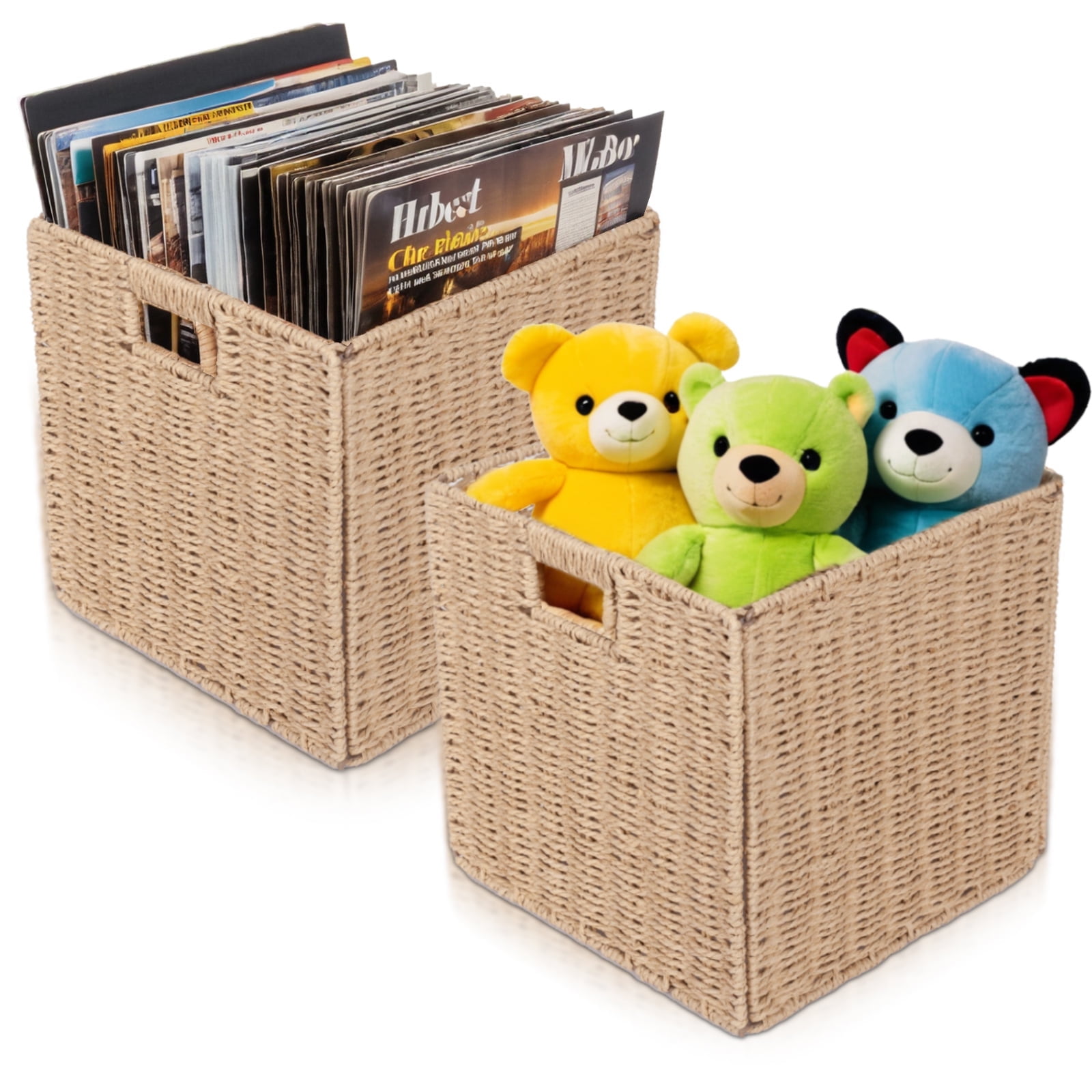 PinkSheep 12" x 12" Water Hyacinth Storage Baskets, Collapsible Wicker Woven Cubes Baskets Organizer Bins, Beige, 2 Pack