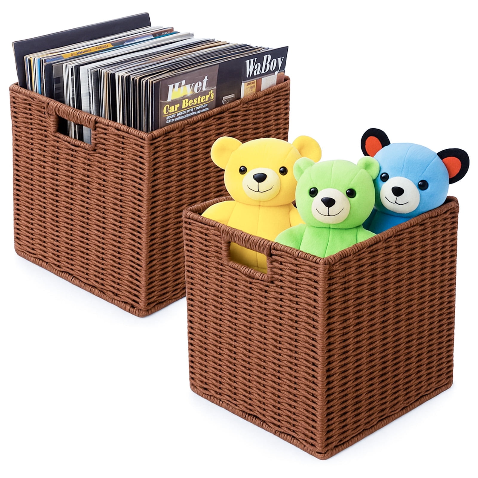 PinkSheep 12" x 12" Water Hyacinth Storage Baskets, Collapsible Wicker Woven Cubes Baskets Organizer Bins, Brown, 2 Pack