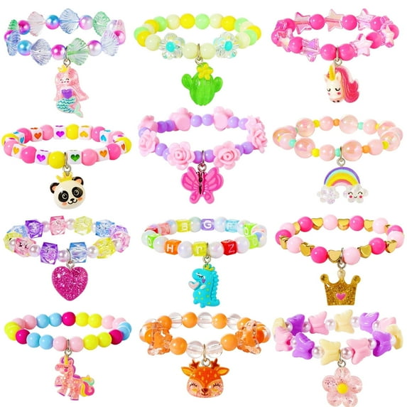 PinkSheep 12Pcs Girls Bracelets, Unicorn Friendship Flower Heart Beaded Bracelets Jewelry Sets for Kids Toddlers Dress up