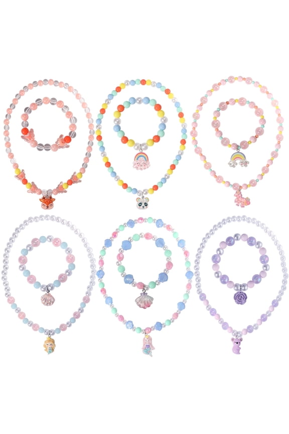 12Pcs Girls Jewelry Set, Koala Panda Unicorn Mermaid Fox Rose Pendant Necklace Bracelet Sets Play Jewelries for Kids Little Girls Toddler Dress up