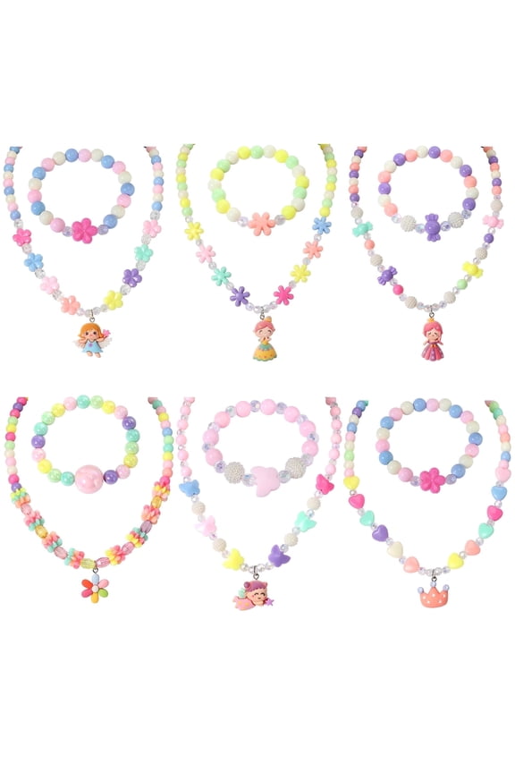 12Pcs Kids Jewelry Set, Flower Crown Angel Pendant Necklace Beaded Bracelets Sets Play Jewelries for Toddler Little Girls Dress up