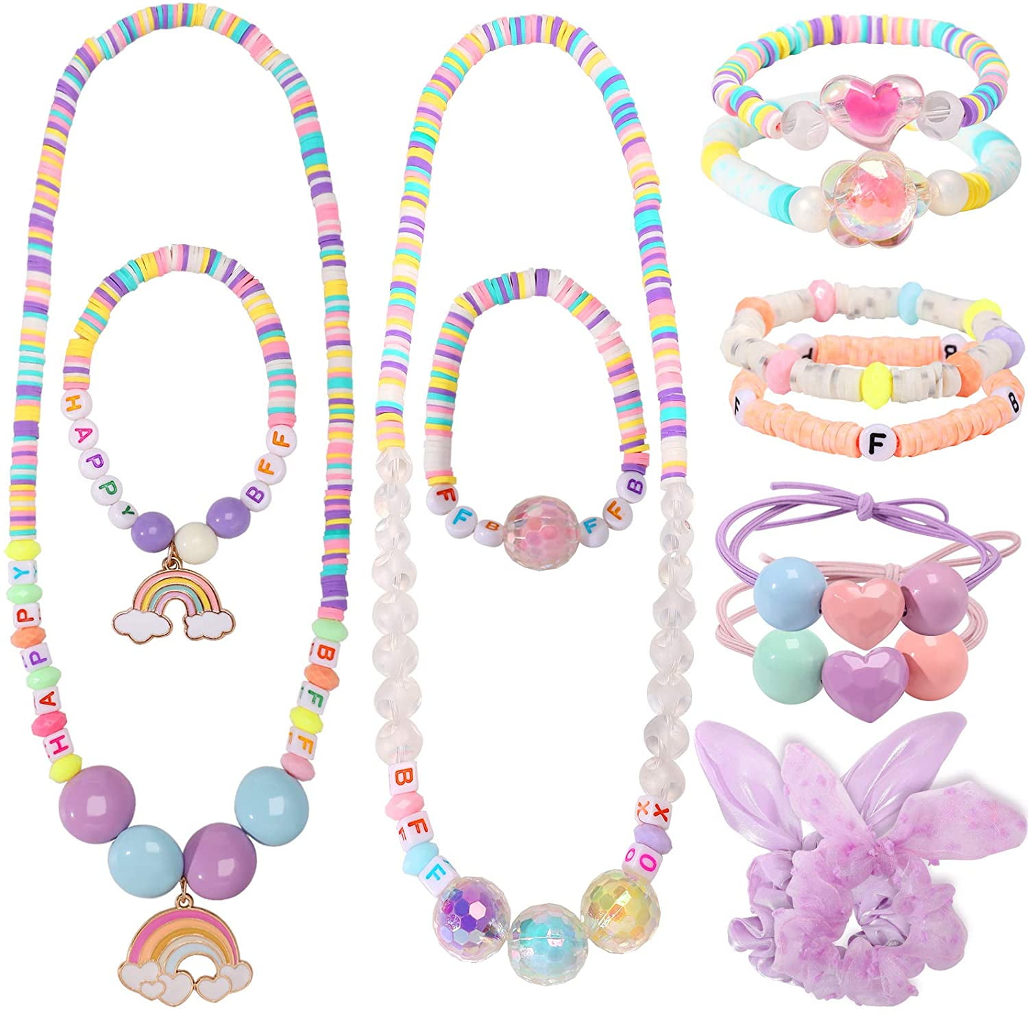 PinkSheep 12Pcs Kids Jewelry Set, Girls BFF Friendship Rainbow Pendant  Necklace Bracelet Heart Hair Tie Hairband Dress up Jewelries for Child