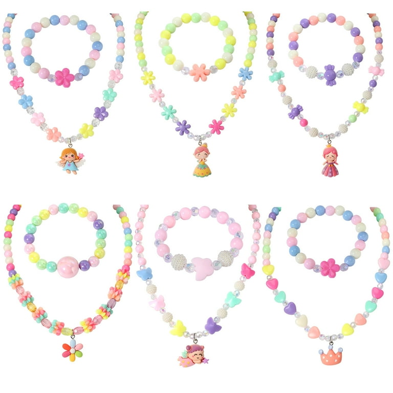 PinkSheep 12Pcs Kids Jewelry Sets, Girls Flower Crown Angel Pendant  Necklace Beaded Bracelets Dress up Jewelries for Child Toddler