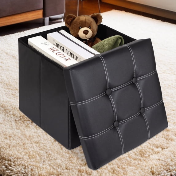 PinkSheep 15" Folding Storage Ottoman Cube Footstool Ottoman Bench with Storage, Faux Leather, Black