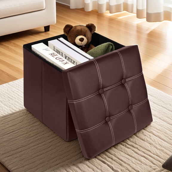PinkSheep 15" Folding Storage Ottoman Cube Footstool Ottoman Bench with Storage, Faux Leather, Brown