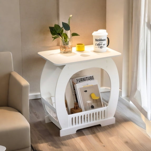 PinkSheep 18" Small Coffee Table End Table Bedside Table Nightstand with Storage Shelf for Living Room Bedroom, White