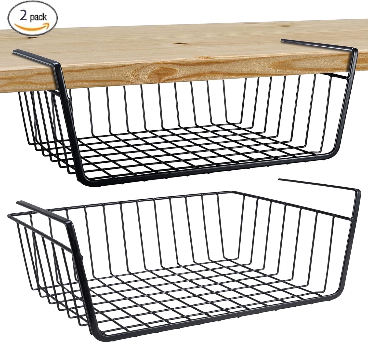 PinkSheep 2 Pack Under Shelf Basket, Cabinet Storage Hanging Baskets Organizer Wire Rack Shelves for Kitchen Pantry, Black