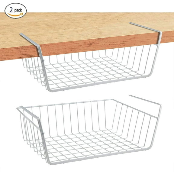 PinkSheep 2 Pack Under Shelf Basket, Cabinet Storage Hanging Baskets Organizer Wire Rack Shelves for Kitchen Pantry, White