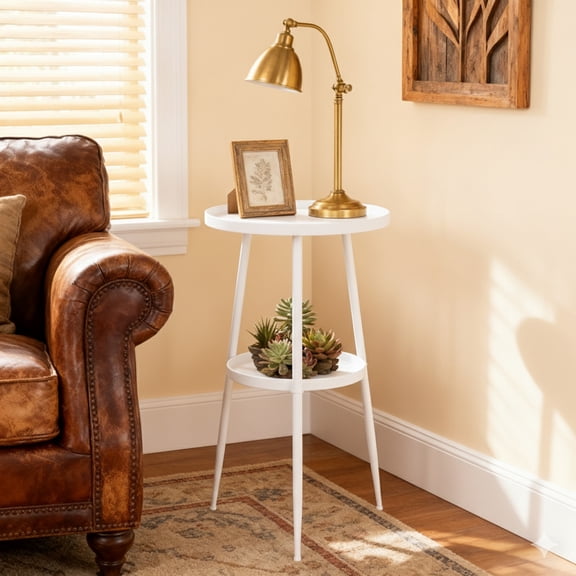 PinkSheep Round End Table Small Side Table Accent Table with Storage for Living Room Bedroom, 2 Tier Metal Plant Stands Pots Holder for Indoors, White