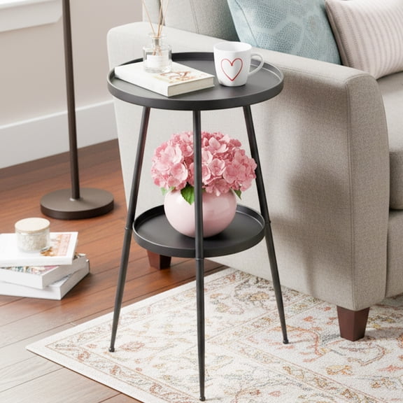 PinkSheep Round End Table Small Side Table Accent Table with Storage for Living Room Bedroom, 2 Tier Metal Plant Stands Pots Holder for Indoors, Black