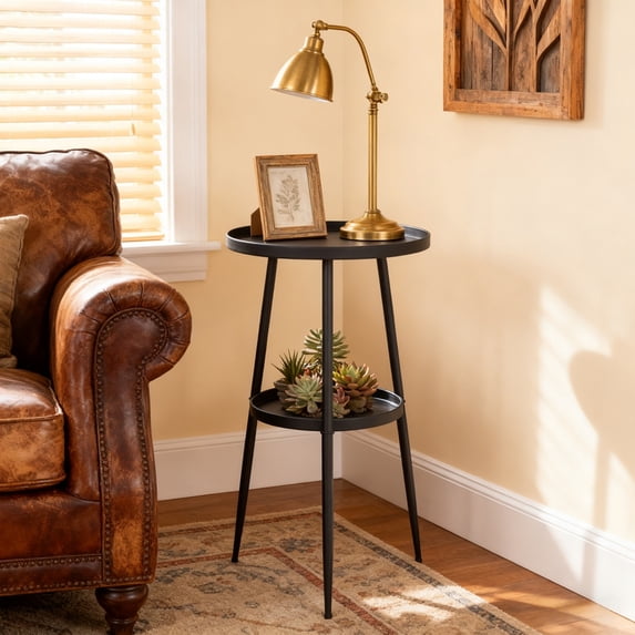 PinkSheep Round End Table Small Side Table Accent Table with Storage for Living Room Bedroom, 2 Tier Metal Plant Stands Pots Holder for Indoors, Black