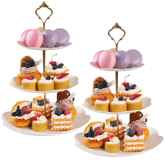 PinkSheep 2Pcs 3 Tier Plastic Cake Display Stand Dessert Serving Tray Stand for Party Birthday, White