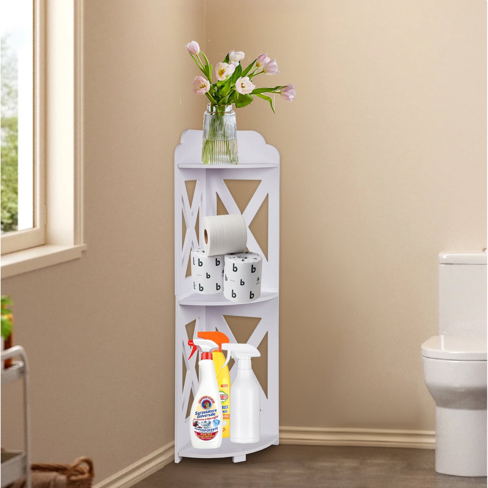 PinkSheep Corner Shelf Stand, 3 Tier Freestanding Bathroom Counter Storage Shelves Shower Rack for Small Space, White
