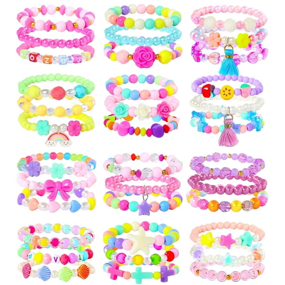 PinkSheep 36Pcs Girls Bracelets, Flower Butterfly Star Beaded Bracelets Jewelry Sets for Kids Toddlers Dress up