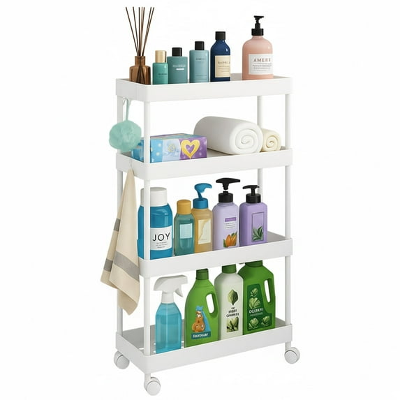 Pinksheep Slim Rolling Storage Cart, 4Tier Bathroom Organizer Utility Carts Shelving Unit with Wheels for Kitchen, White