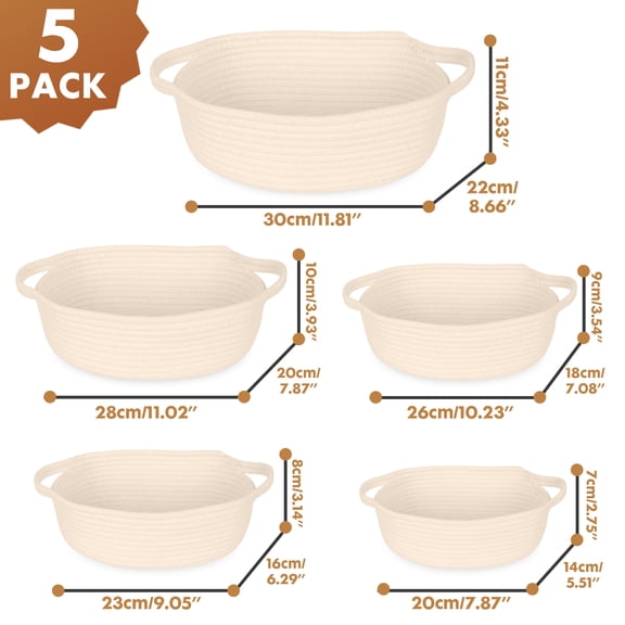 PinkSheep 5 Pack Storage Baskets with Handles, Small Gifts Baskets Cotton Rope Woven Basket for Organizing