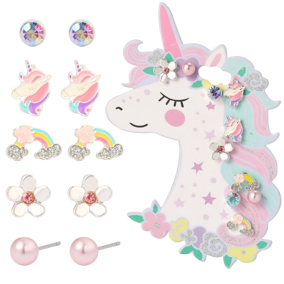 PinkSheep 5 Pair Girls Stud Earrings, Unicorns Flowers Star Kids Earrings Set Dress up Jewelries for Child