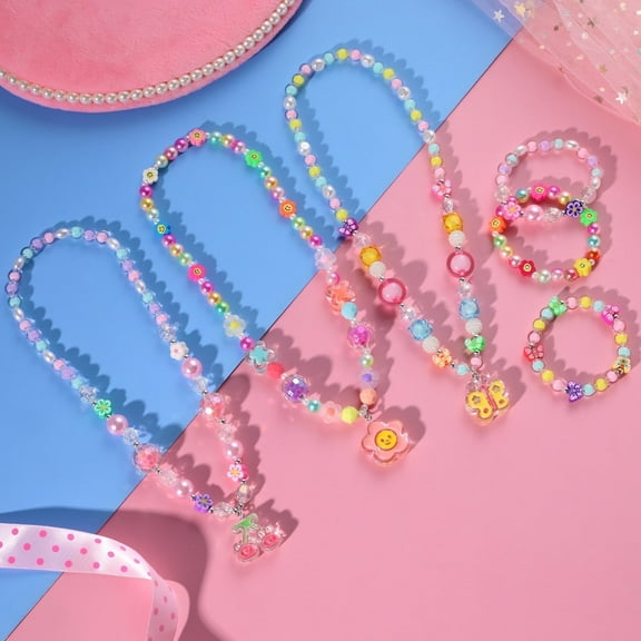 PinkSheep 6Pcs Girls Jewelry Set, Butterfly Flower Cherry Pendant Necklace Beaded Bracelets Sets Play Jewelries for Kids Toddler Little Girl Dress up
