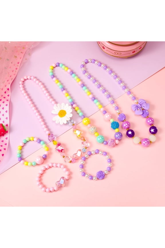 6Pcs Kids Jewelry Set for Girls, Flower Beaded Necklace Bracelet Sets Dress Up Play Jewelries for Toddler Little Girl Dress up