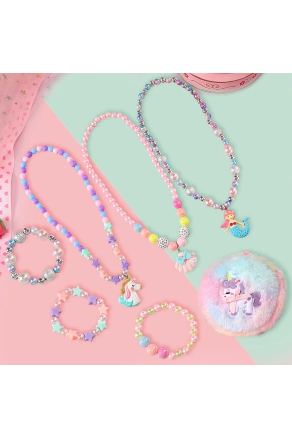 6Pcs Kids Jewelry for Girls Pendant Necklace Beaded Bracelet Dress Up Jewelries Set for Little Girl Child Toddler