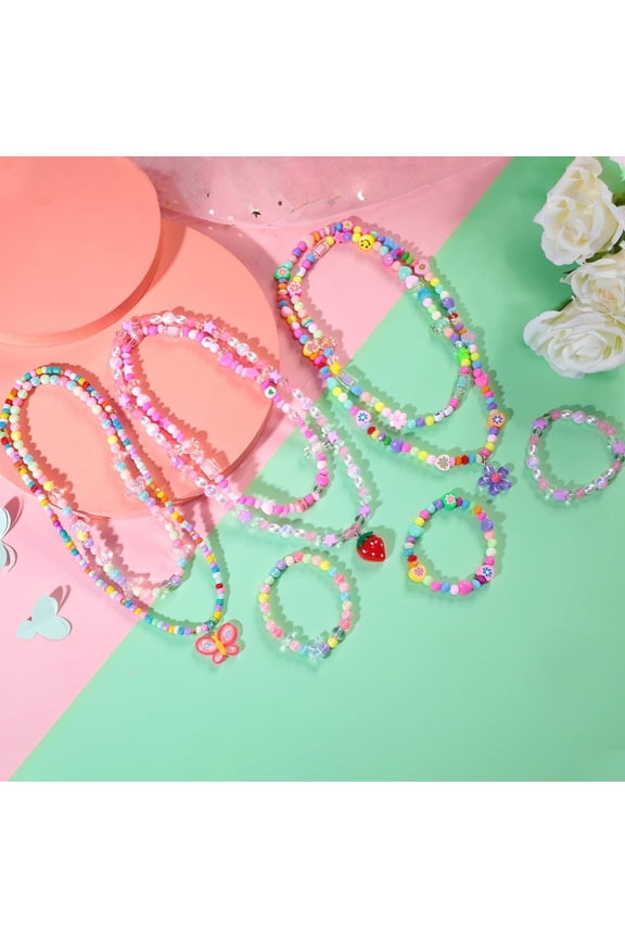 9Pcs Jewelry Set Butterfly Flower Strawberry Pendant Necklace Beaded Bracelets Jewelries for Dress up