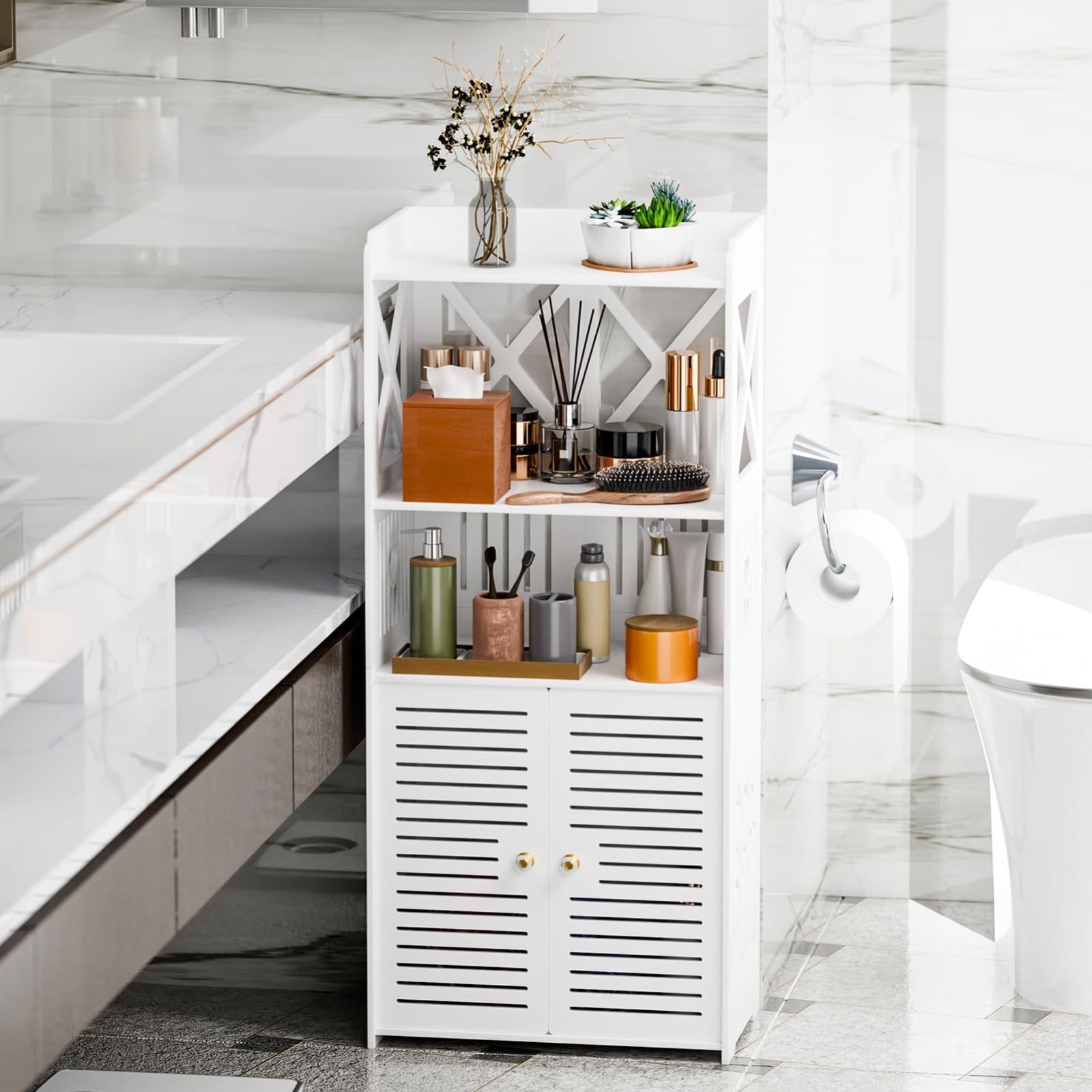 PinkSheep Bathroom Floor Storage Cabinet, 4 Tier Free Standing Shelving Unit Organizer Stand with 2 Doors 4 Shelves for Small Spaces, White