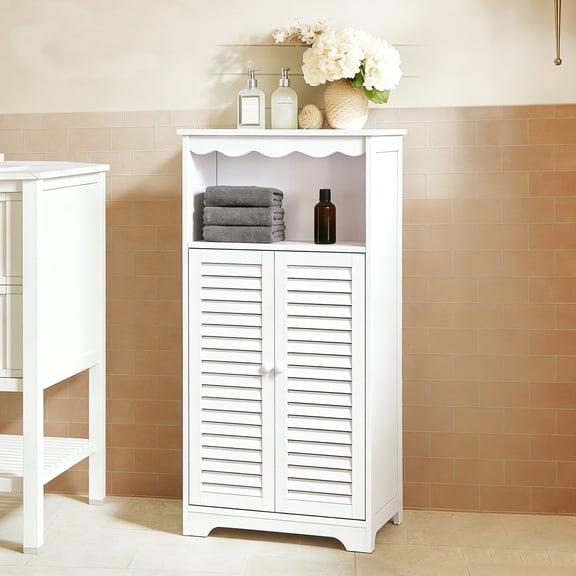 PinkSheep Bathroom Floor Storage Cabinet, Free Standing Shelving Unit Organizer Stand with 2 Doors 4 Shelves for Small Spaces, White