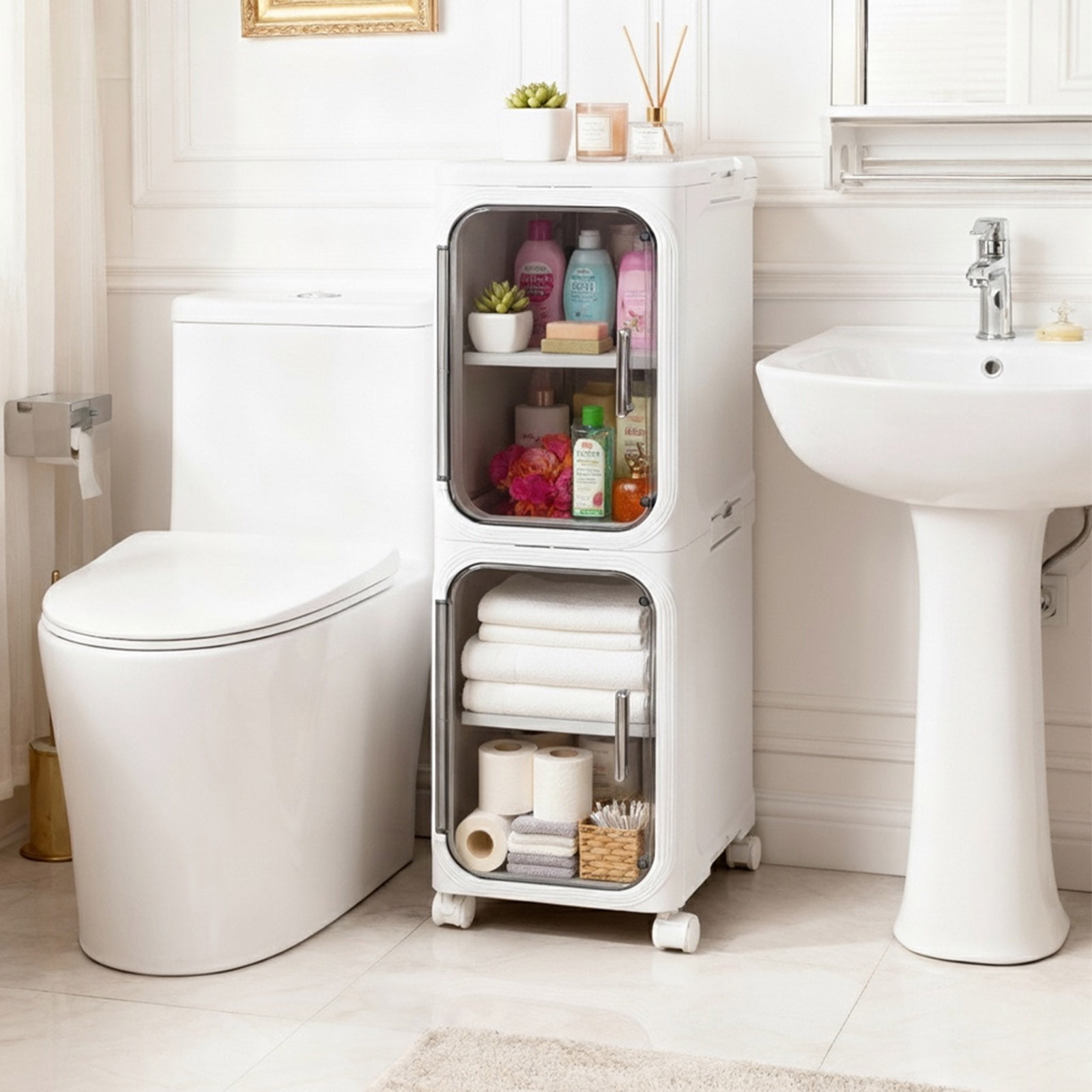 PinkSheep Bathroom Storage Cabinet, Freestanding Bathroom Floor Cabinets Shelving Unit Organizer Stand with 2 Doors 4 Shelves for Small Spaces, White