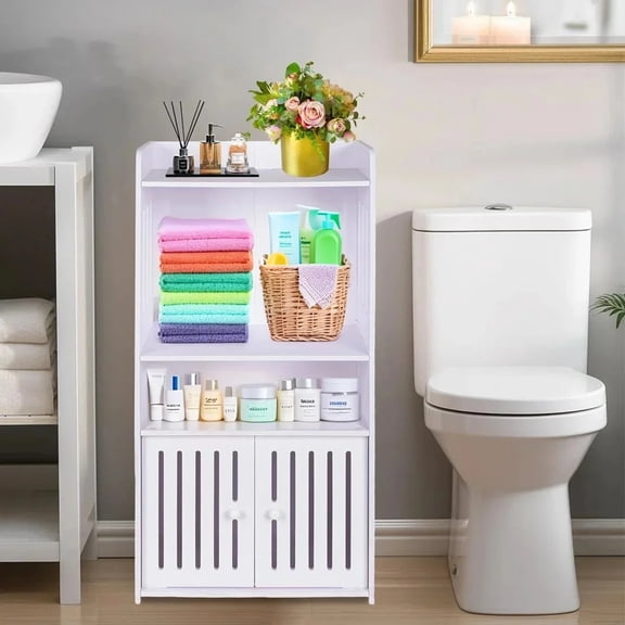 PinkSheep Small Bookcase with Doors, 4 Tier Open Shelf Bookshelf with Storage Cabinet for Living Room Bedroom Bathroom