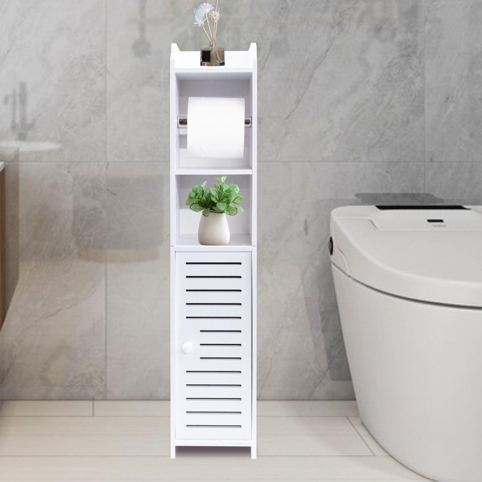 PinkSheep Bathroom Storage Cabinet with Doors and Shelves, Toilet Paper Roller Holders Free Standing Organizer for Small Spaces, White