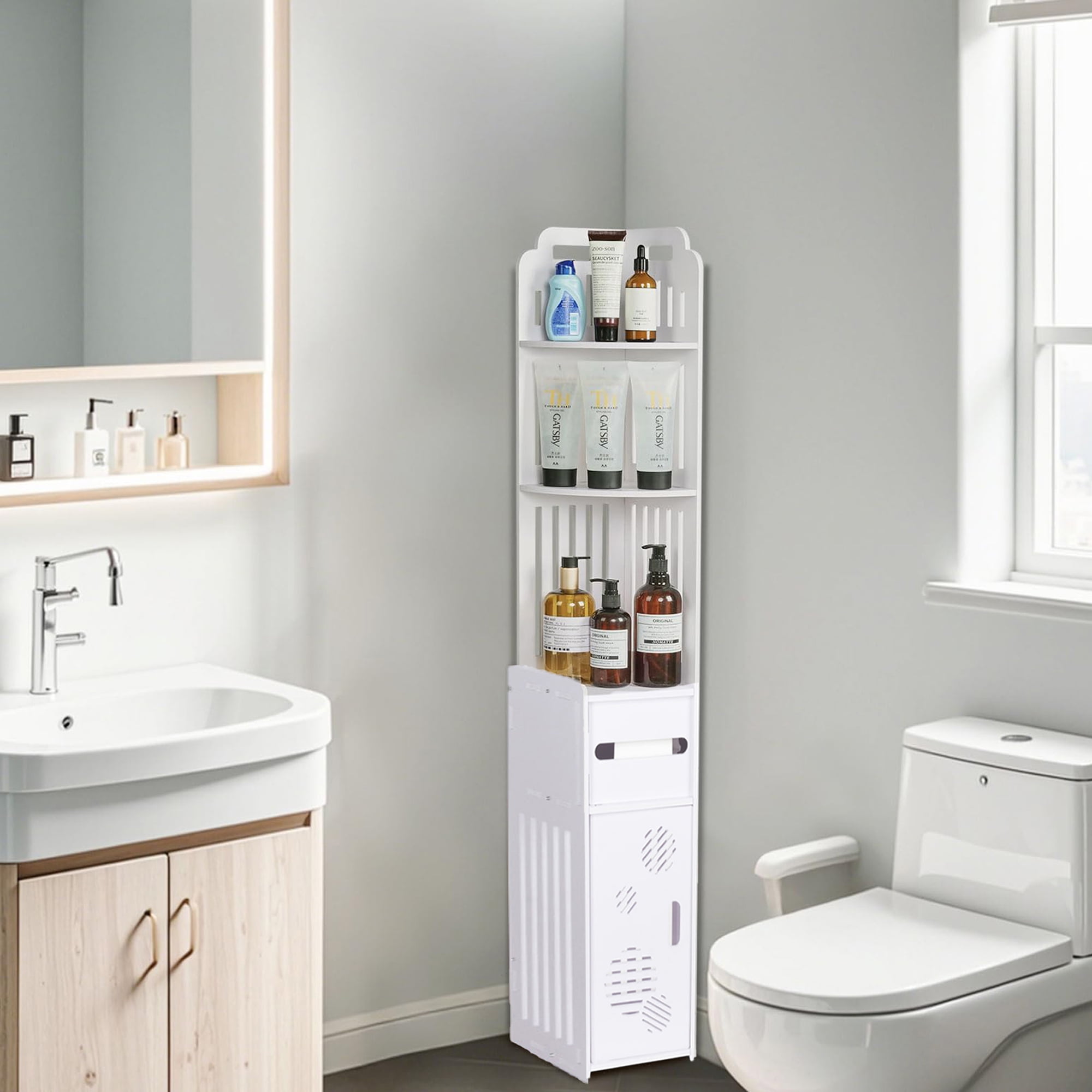 PinkSheep Corner Bathroom Storage Floor Cabinet, Freestanding Toilet Paper Holder Stand Organizer with Doors and Shelves for Small Spaces, White