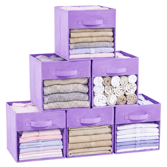 PinkSheep Cube Storage Bins with Clear Window, 11" Collapsible Storage Cube,Closet Storage Baskets with Handle, Foldable Fabric Bins,Lavender,6 Pack
