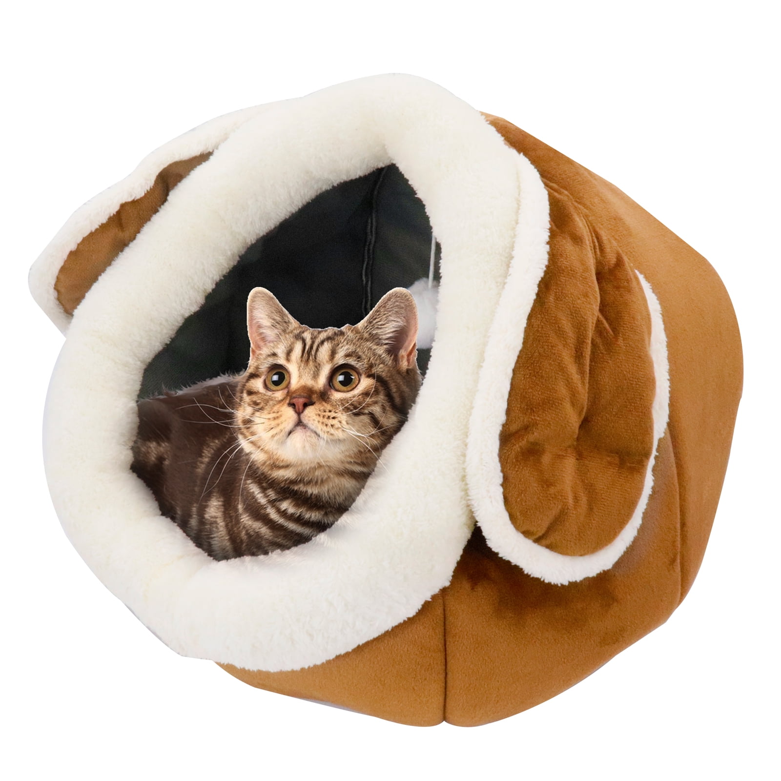 PinkSheep Cat Cave Bed, 15" Plush Dog Cat Tent Bed House Indoor with Washable Cushion for Small Medium Cats Dogs Brown