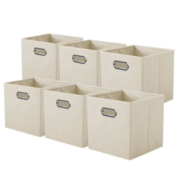 PinkSheep Collapsible Fabric Cube Storage Bins, 11" Storage Cubes Basket Organizer Bins with Handles for Closet, Beige, 6 Pack