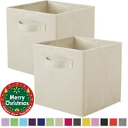 PinkSheep Collapsible Fabric Cube Storage Bins, 11" Cube Organizer Basket Bin, 2 Pack, Beige