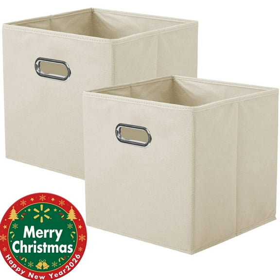 PinkSheep Collapsible Fabric Cube Storage Bins, 11" Storage Cubes Basket Organizer Bins for Closet, Beige, 2 Pack