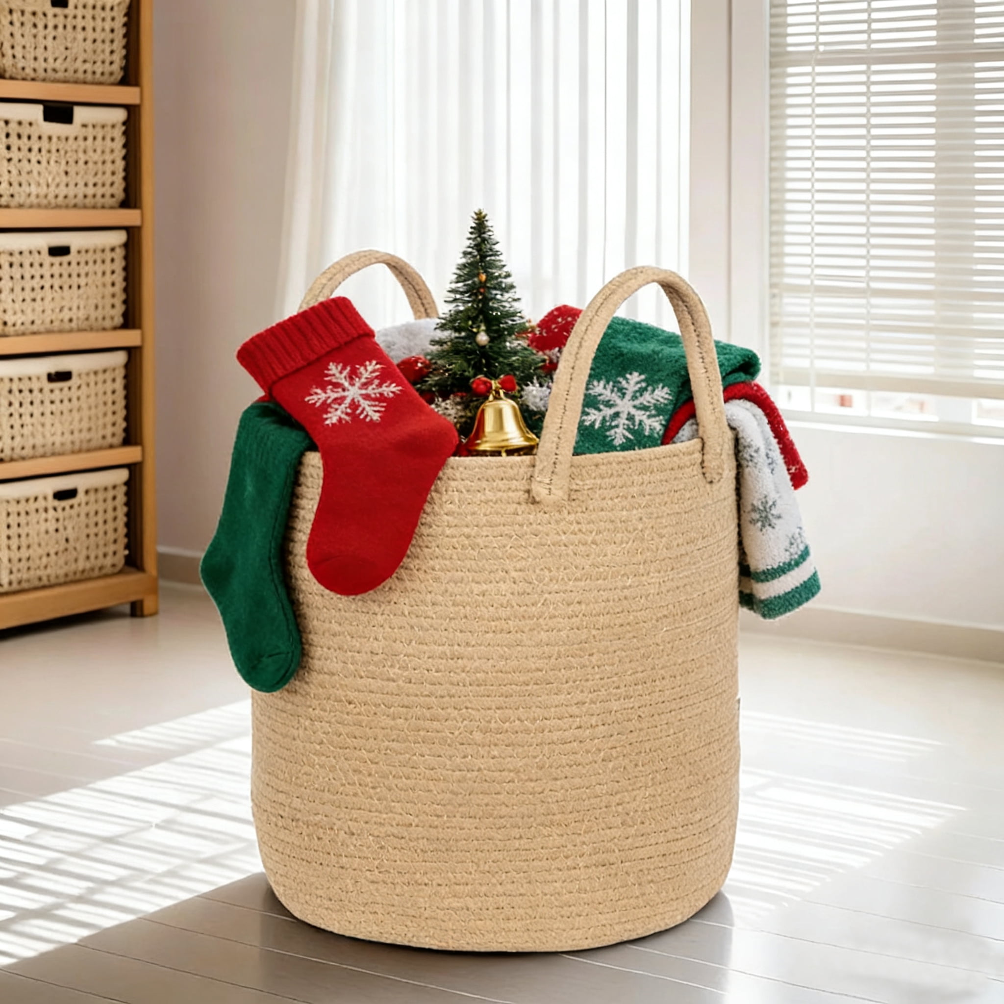 PinkSheep Laundry Basket, Collapsible Woven Cotton Rope Laundry Hamper Storage Baskets with Handles, Khaki