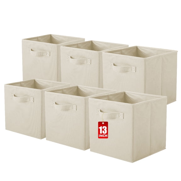 PinkSheep Collapsible Fabric Cube Storage Bins, Foldable Storage Cubes Organizer Bins Basket(13" x 13"), Beige, 6 Pack